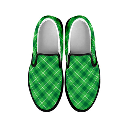 Green And White Plaid Pattern Print Black Slip On Shoes