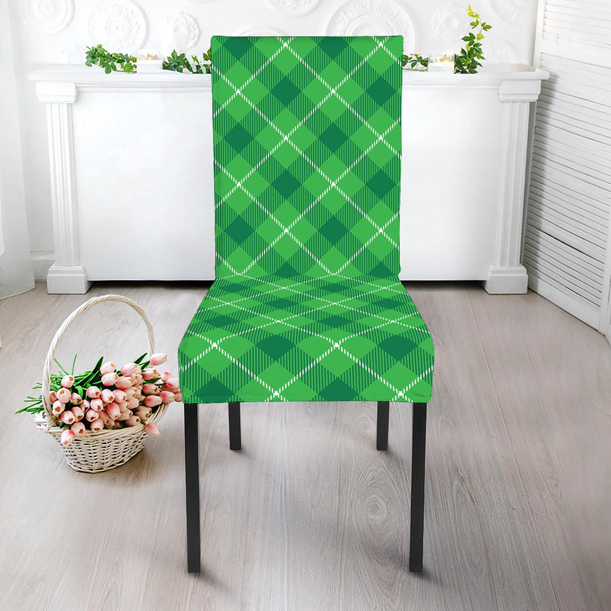 Green And White Plaid Pattern Print Dining Chair Slipcover