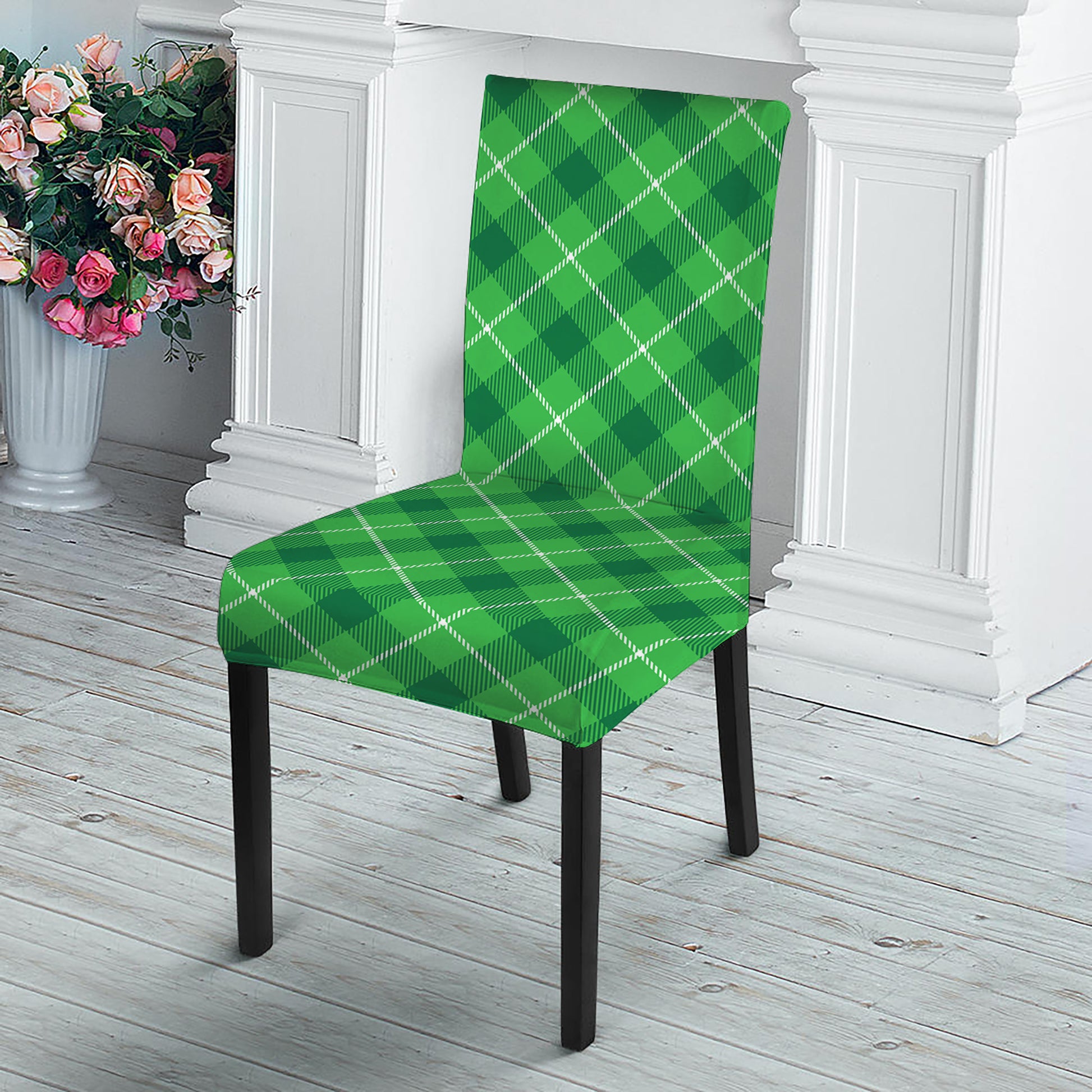 Green And White Plaid Pattern Print Dining Chair Slipcover