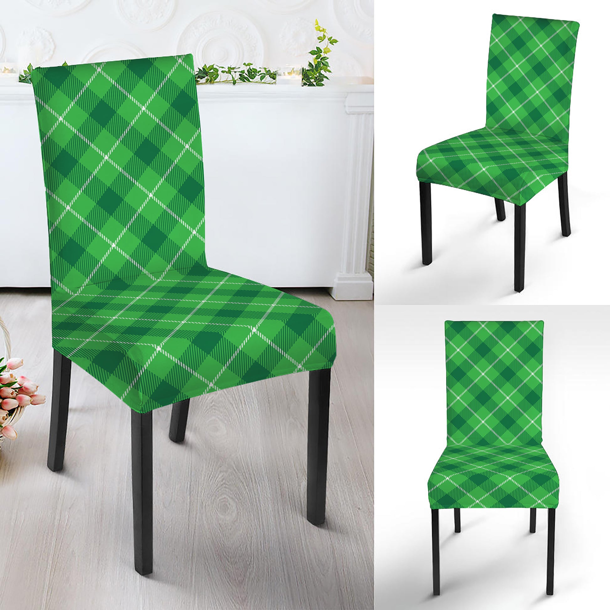 Green And White Plaid Pattern Print Dining Chair Slipcover