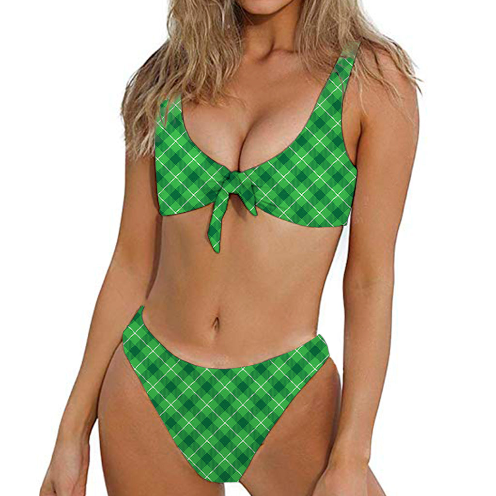 Green And White Plaid Pattern Print Front Bow Tie Bikini