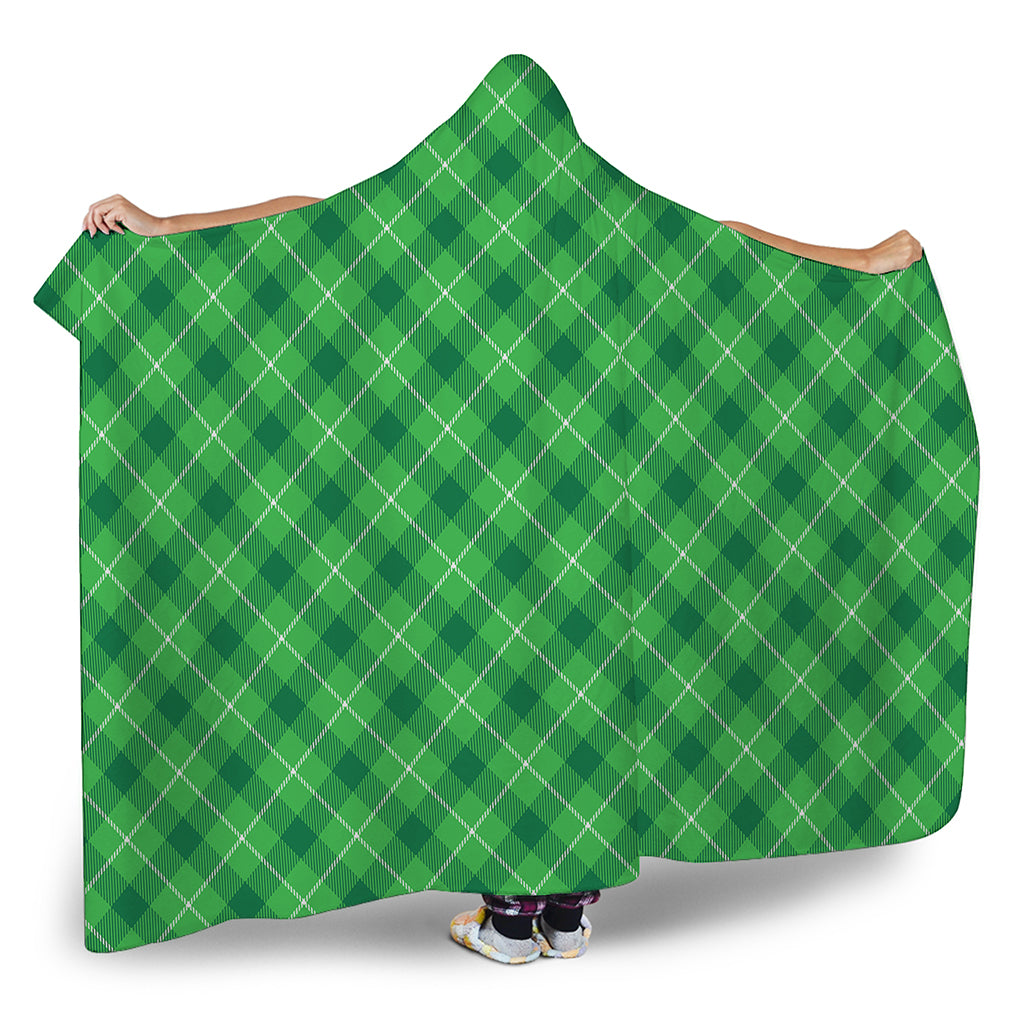 Green And White Plaid Pattern Print Hooded Blanket