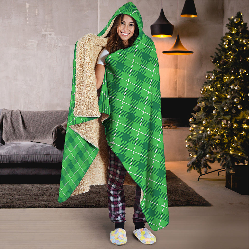 Green And White Plaid Pattern Print Hooded Blanket