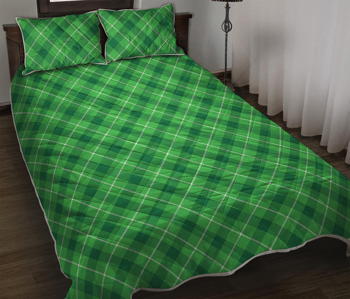 Green And White Plaid Pattern Print Quilt Bed Set