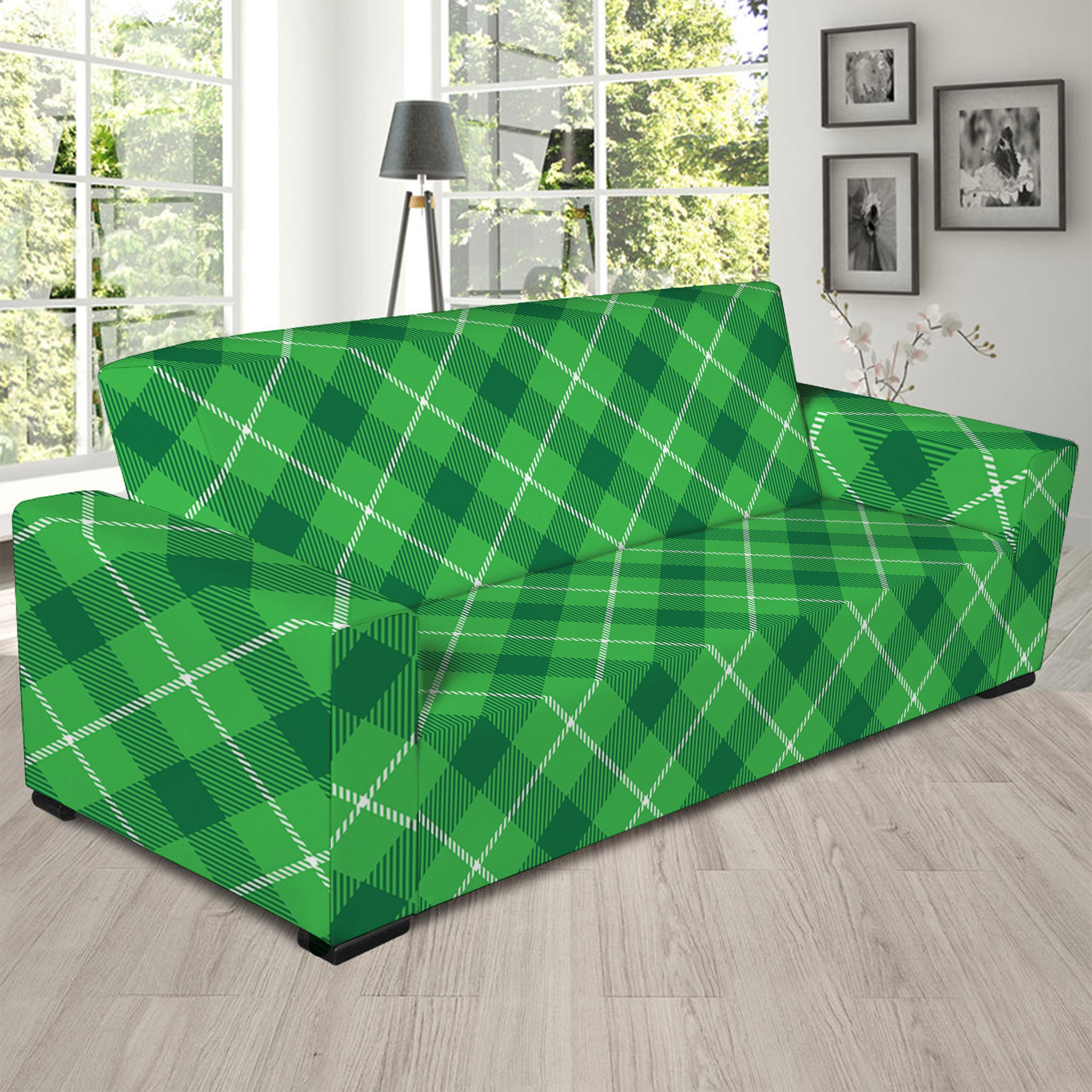 Green And White Plaid Pattern Print Sofa Slipcover