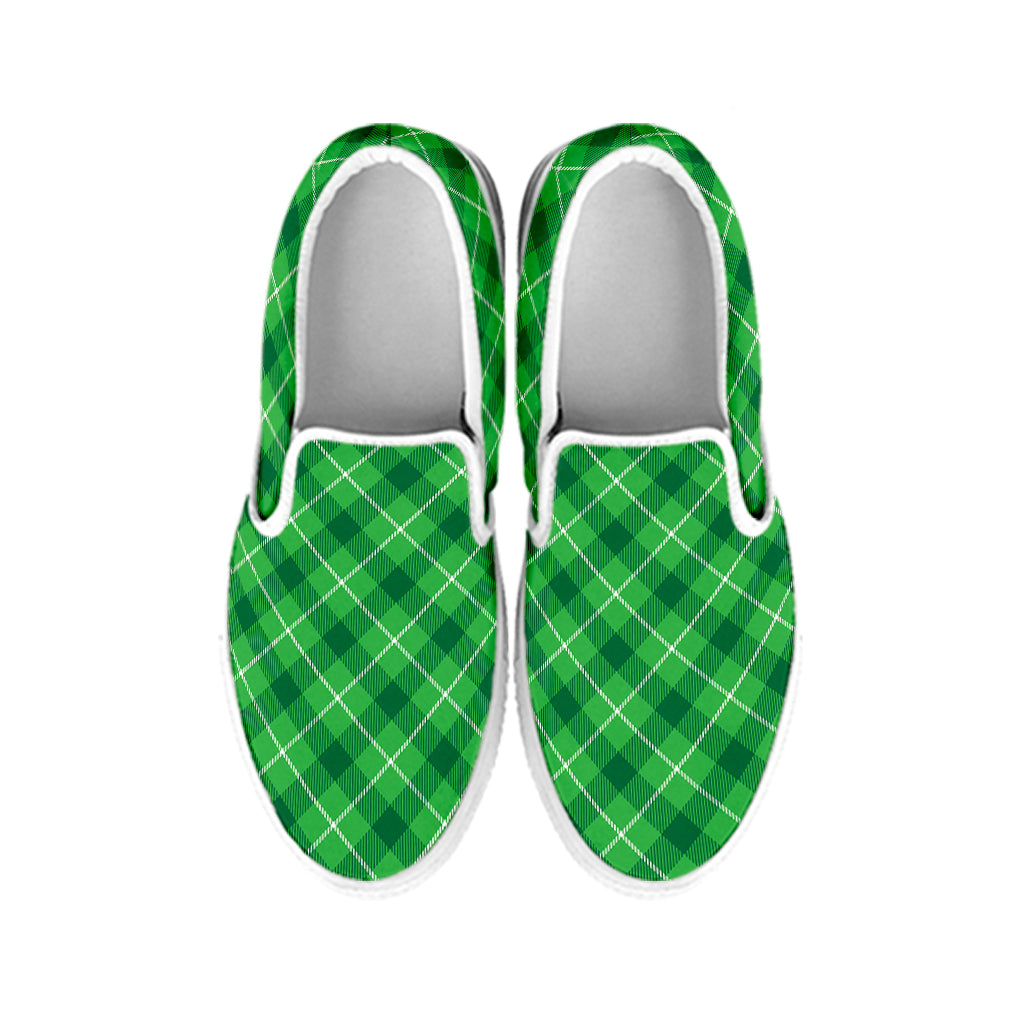Green And White Plaid Pattern Print White Slip On Shoes