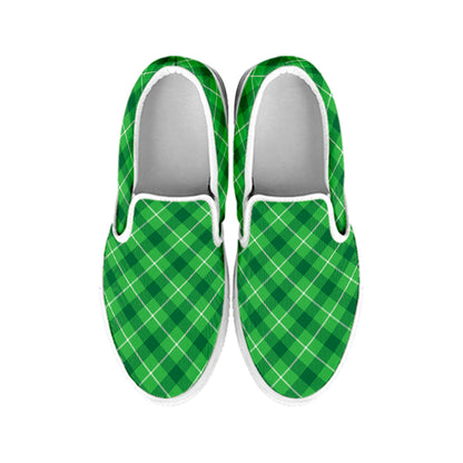 Green And White Plaid Pattern Print White Slip On Shoes