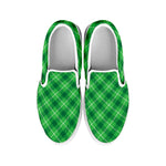 Green And White Plaid Pattern Print White Slip On Shoes