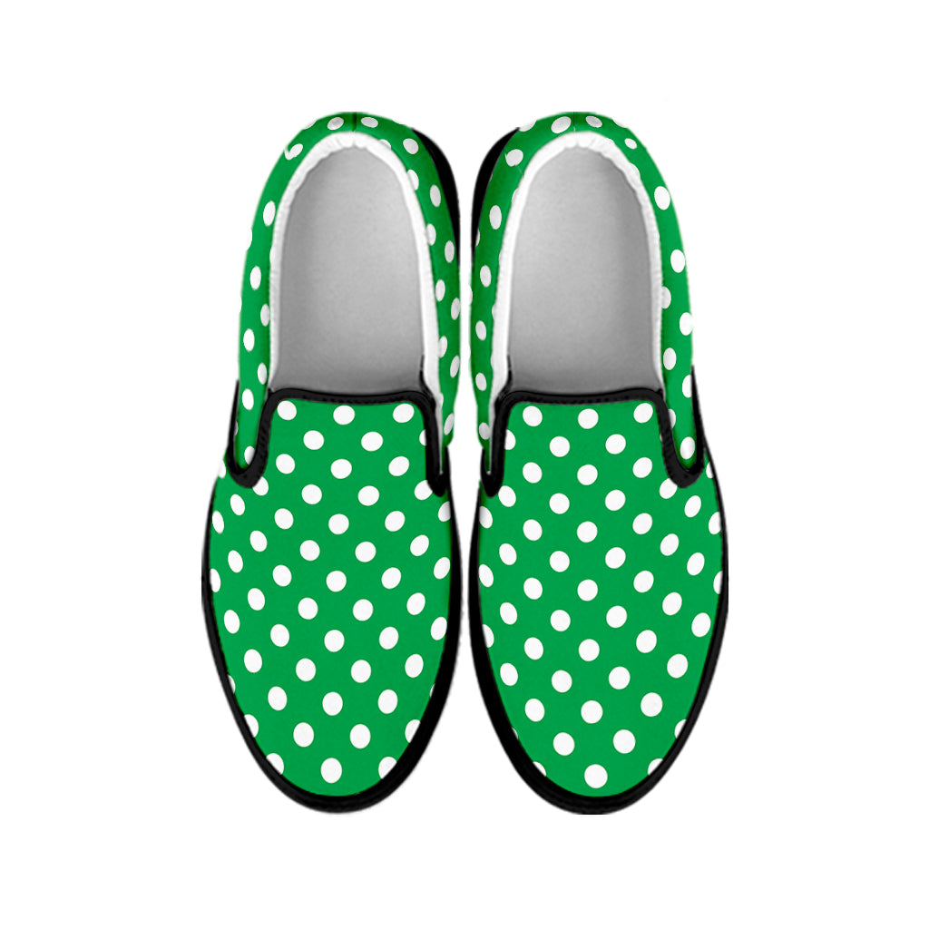 Green And White Polka Dot Pattern Print Black Slip On Shoes