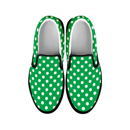 Green And White Polka Dot Pattern Print Black Slip On Shoes