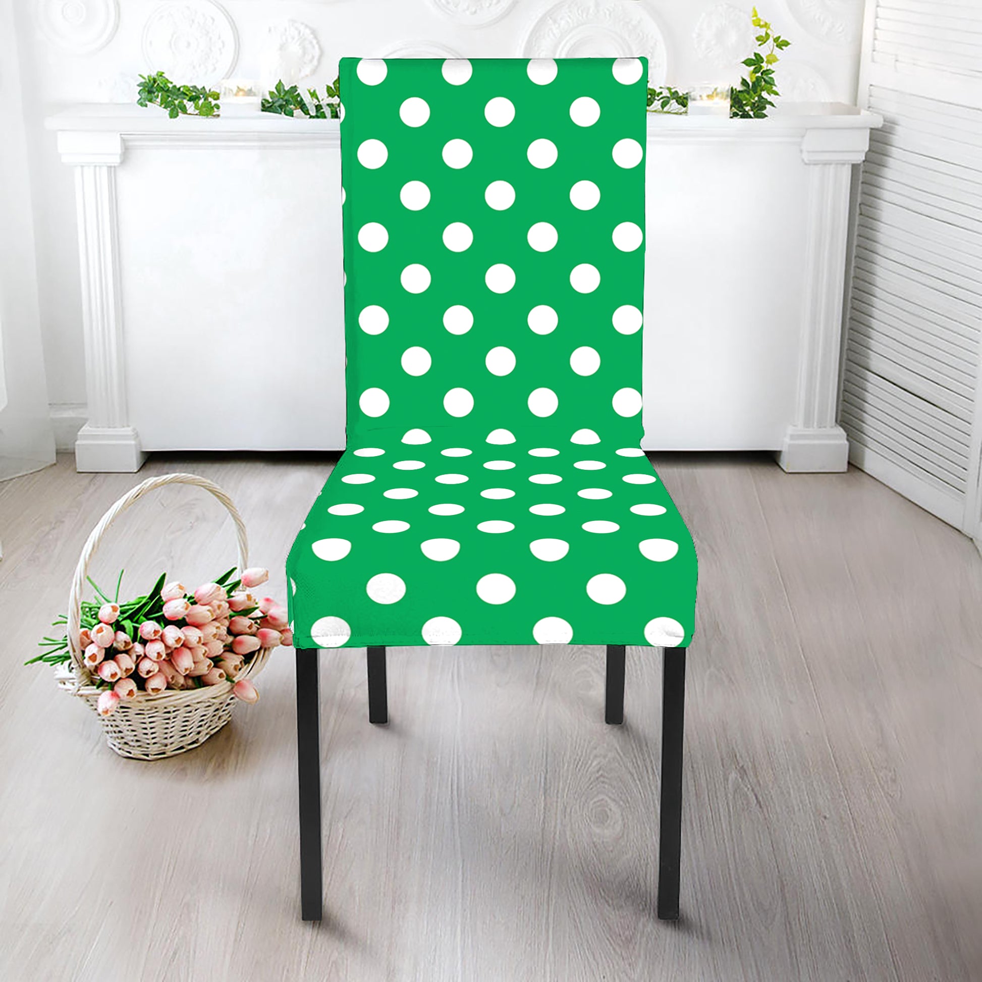 Green And White Polka Dot Pattern Print Dining Chair Slipcover