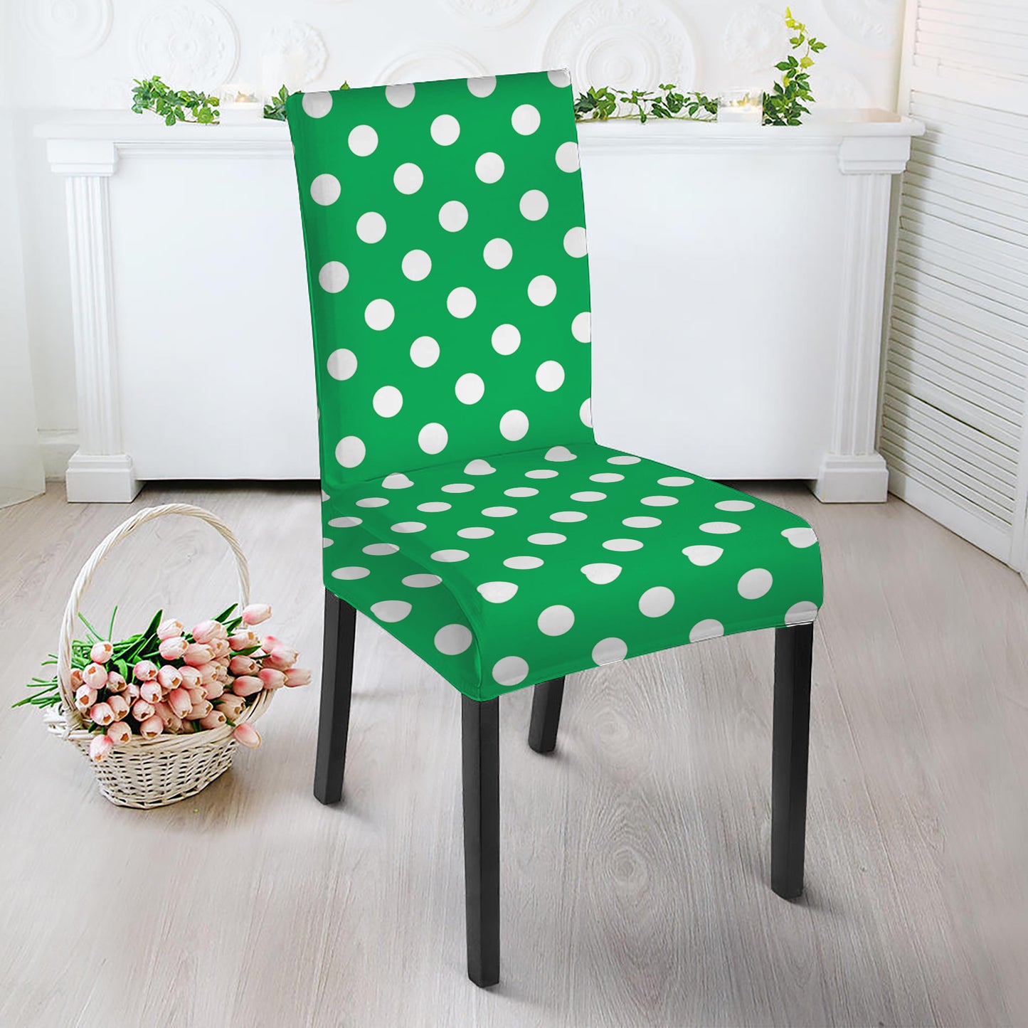 Green And White Polka Dot Pattern Print Dining Chair Slipcover