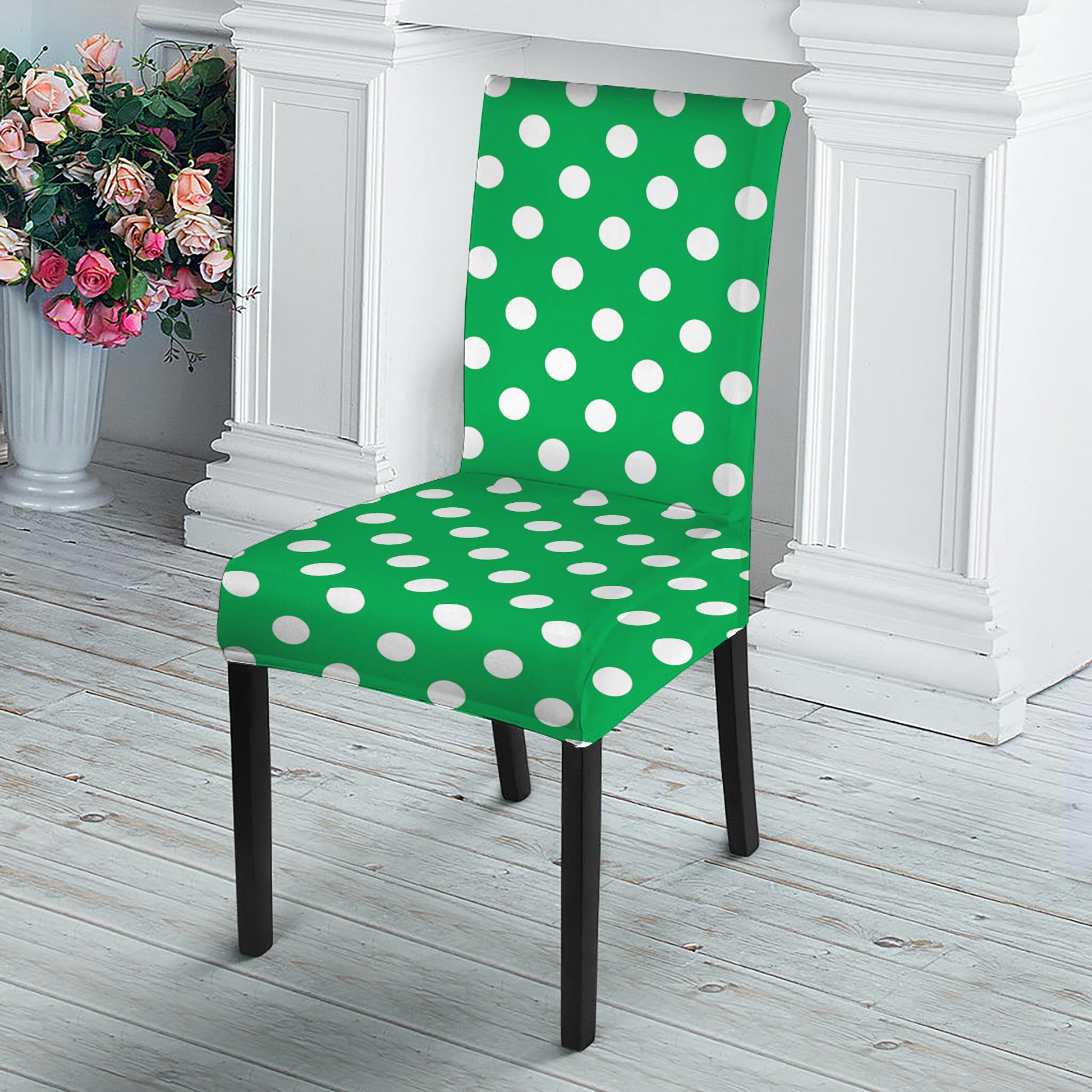 Green And White Polka Dot Pattern Print Dining Chair Slipcover