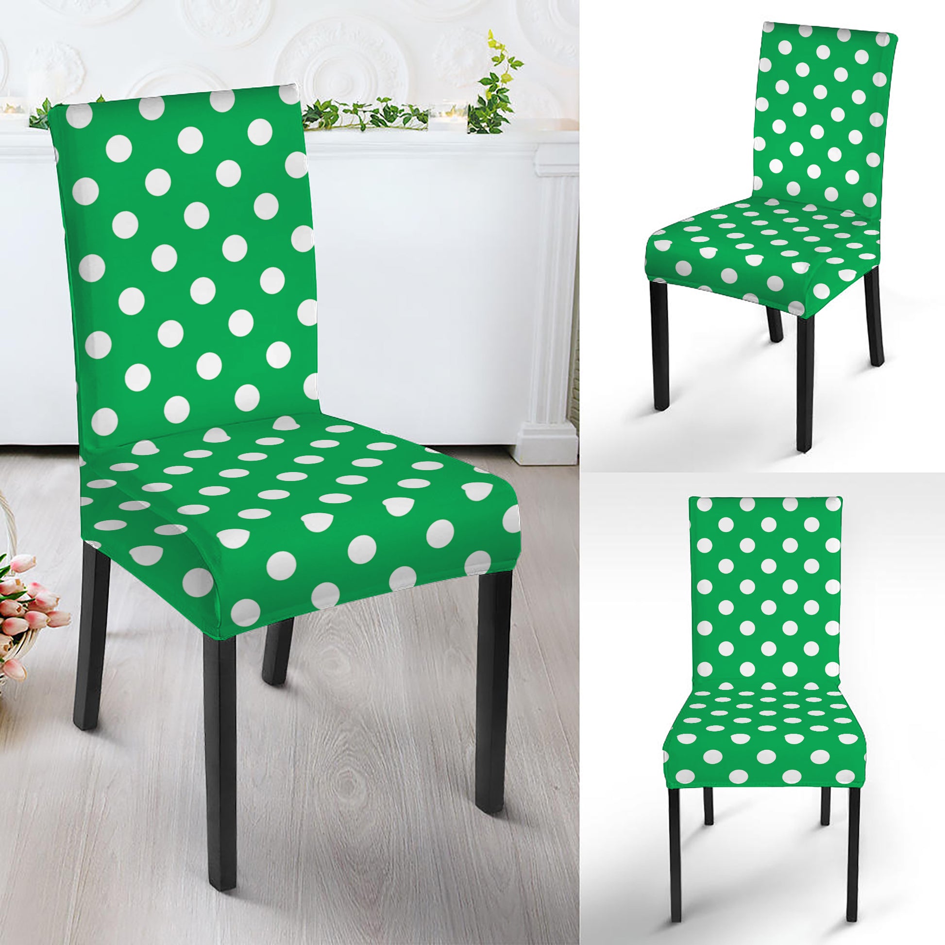 Green And White Polka Dot Pattern Print Dining Chair Slipcover