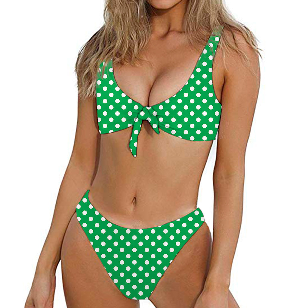 Green And White Polka Dot Pattern Print Front Bow Tie Bikini