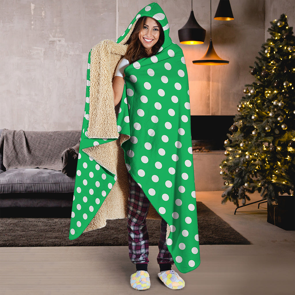 Green And White Polka Dot Pattern Print Hooded Blanket