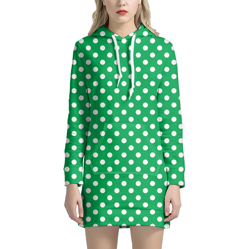 Green And White Polka Dot Pattern Print Hoodie Dress