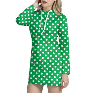 Green And White Polka Dot Pattern Print Hoodie Dress