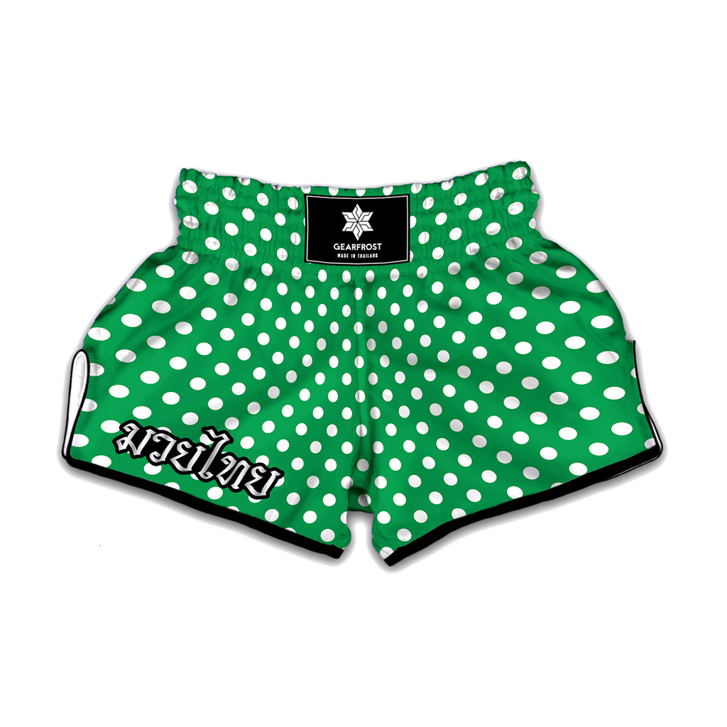 Green And White Polka Dot Pattern Print Muay Thai Boxing Shorts