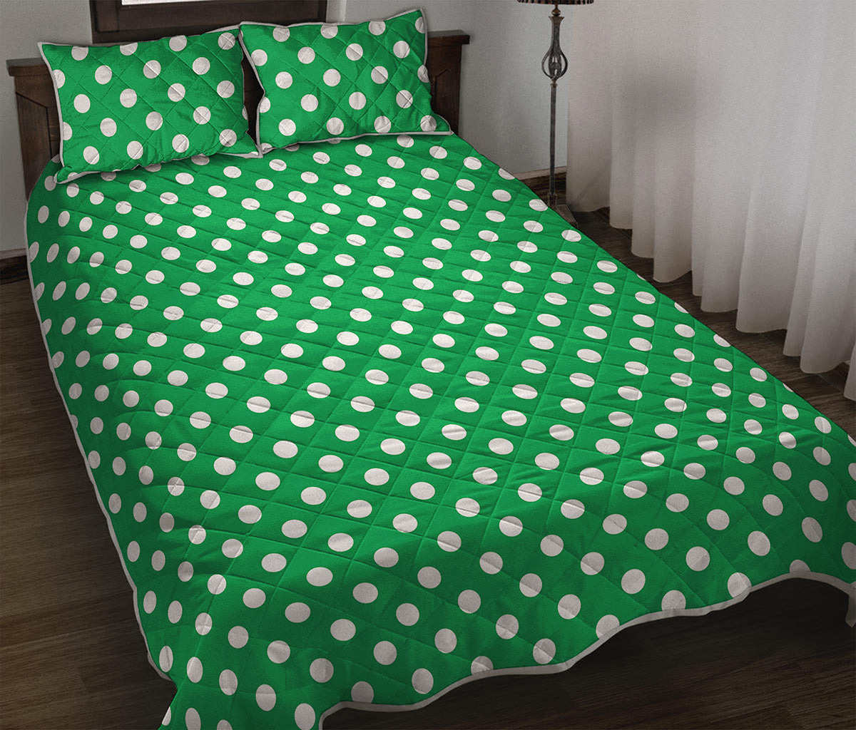 Green And White Polka Dot Pattern Print Quilt Bed Set