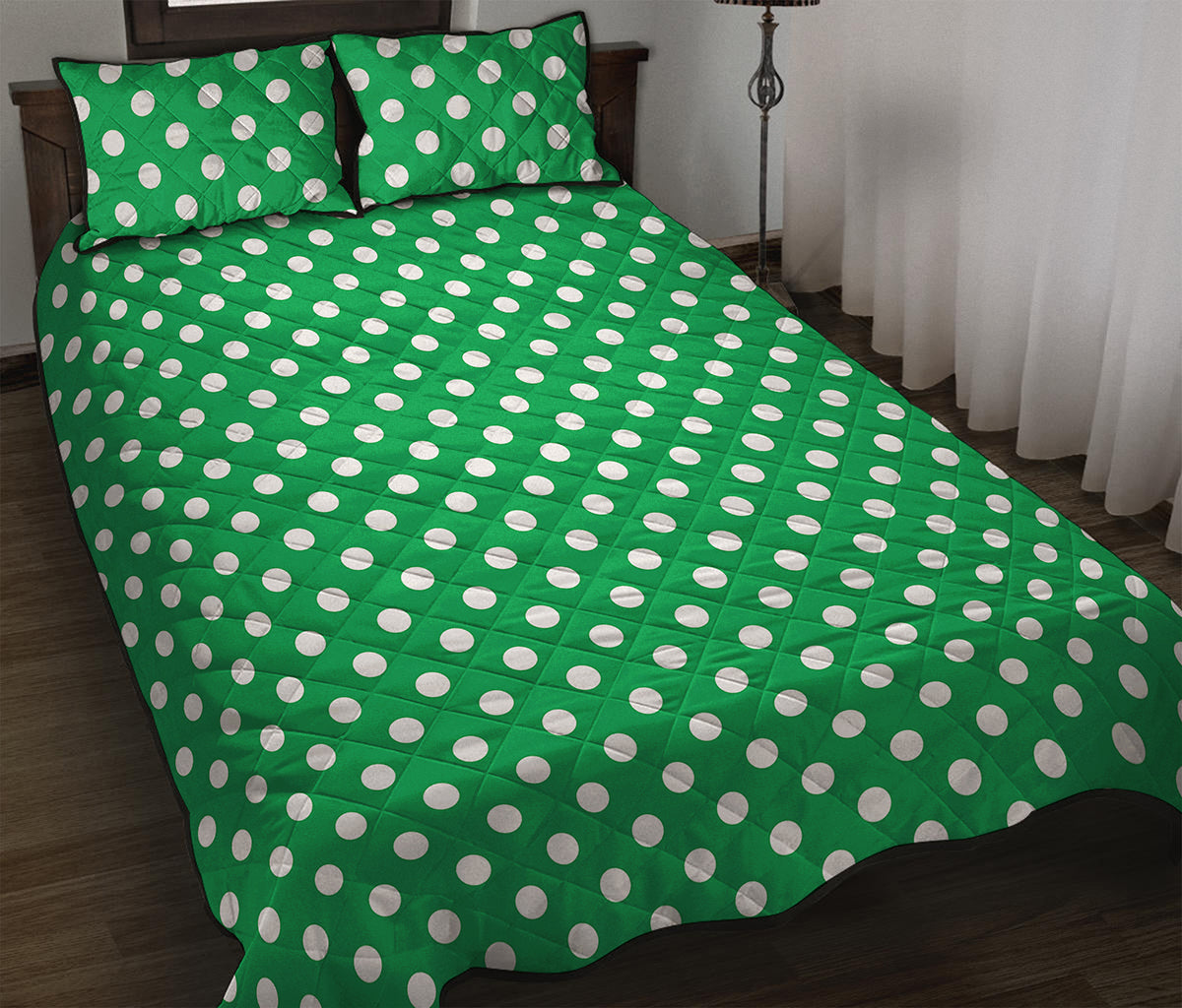 Green And White Polka Dot Pattern Print Quilt Bed Set
