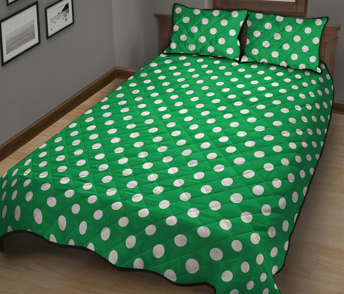 Green And White Polka Dot Pattern Print Quilt Bed Set