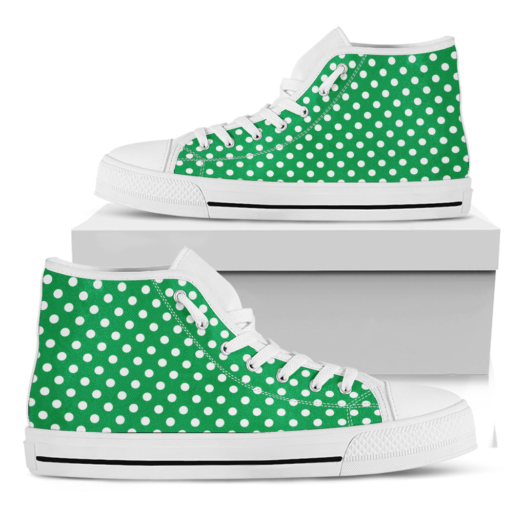 Green And White Polka Dot Pattern Print White High Top Shoes
