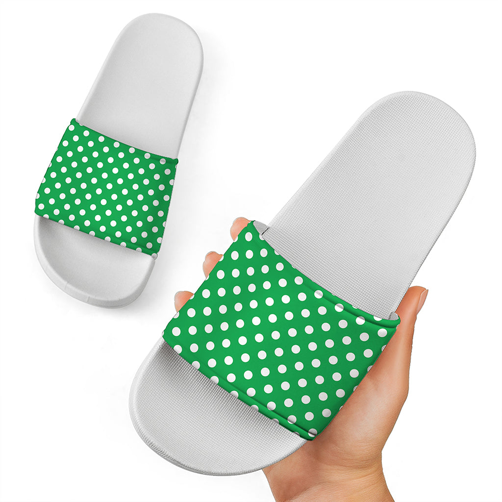 Green And White Polka Dot Pattern Print White Slide Sandals