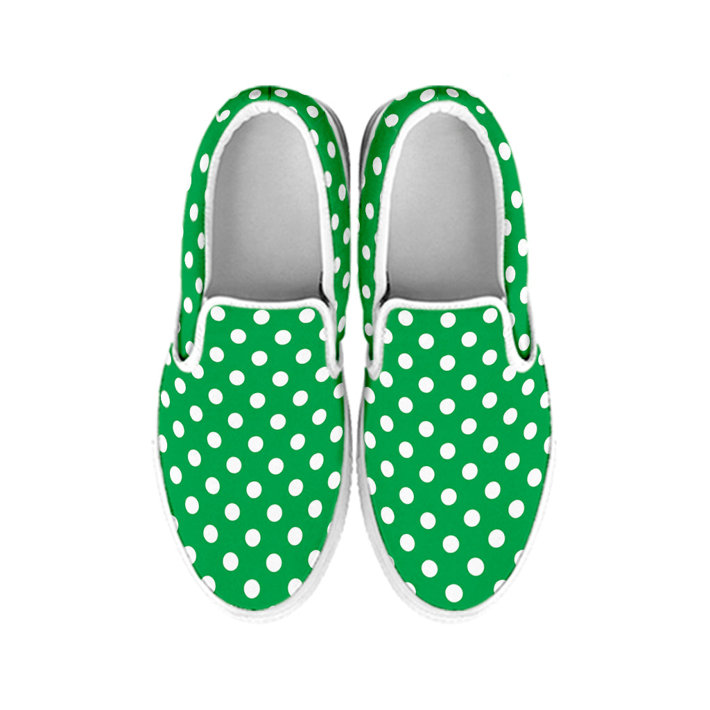 Green And White Polka Dot Pattern Print White Slip On Shoes