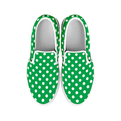 Green And White Polka Dot Pattern Print White Slip On Shoes