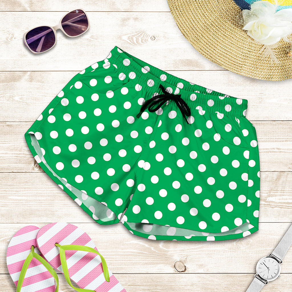 Green And White Polka Dot Pattern Print Women's Shorts