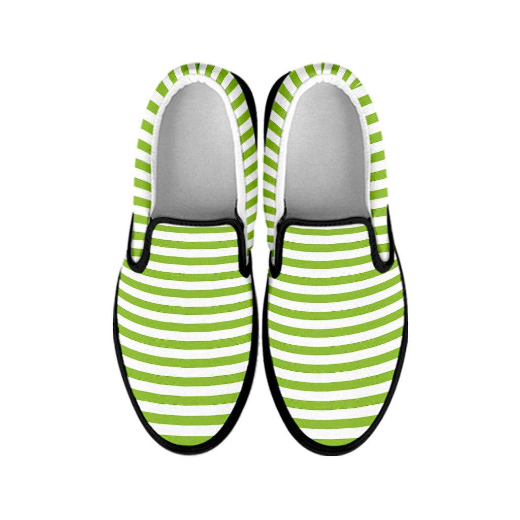Green And White Striped Pattern Print Black Slip On Shoes