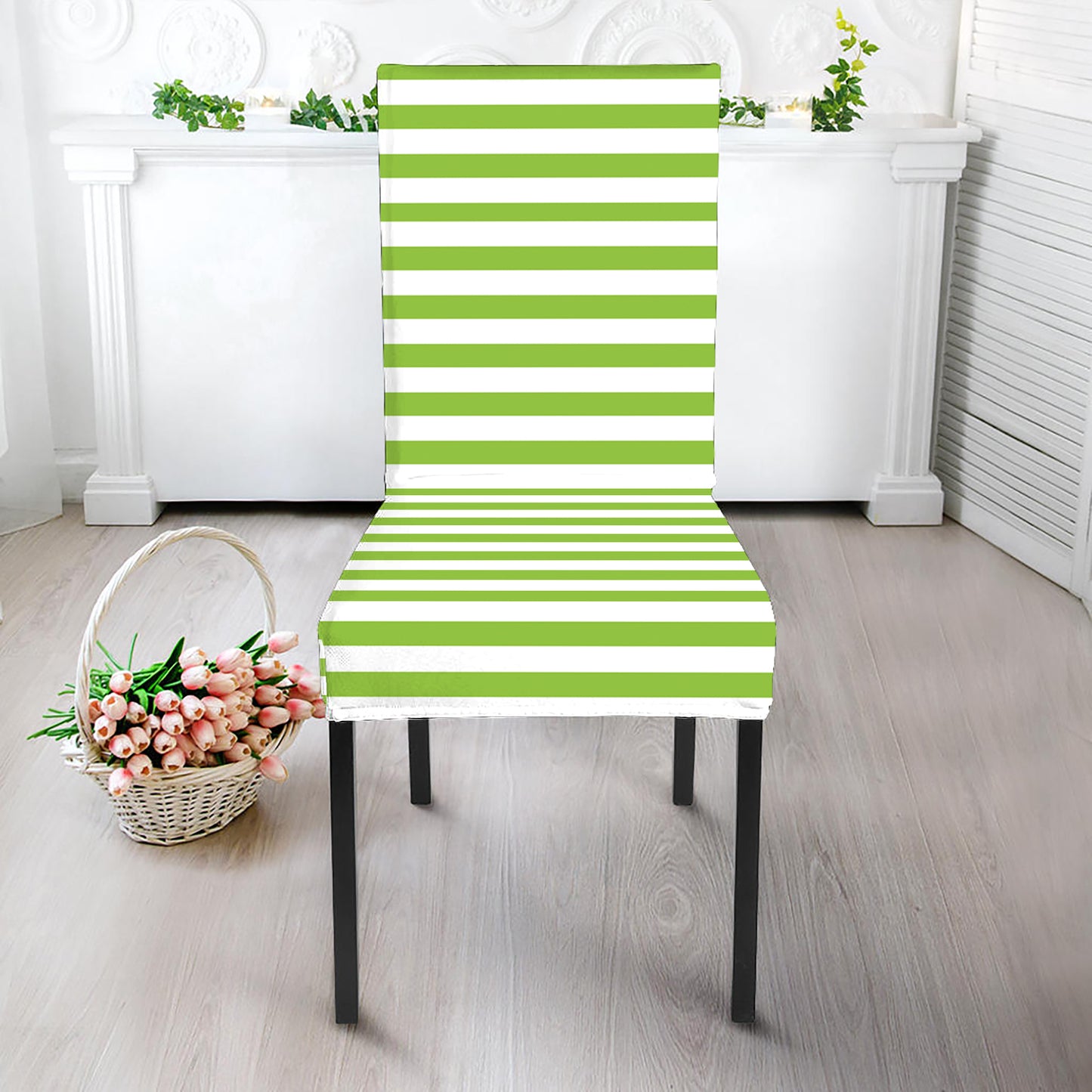 Green And White Striped Pattern Print Dining Chair Slipcover