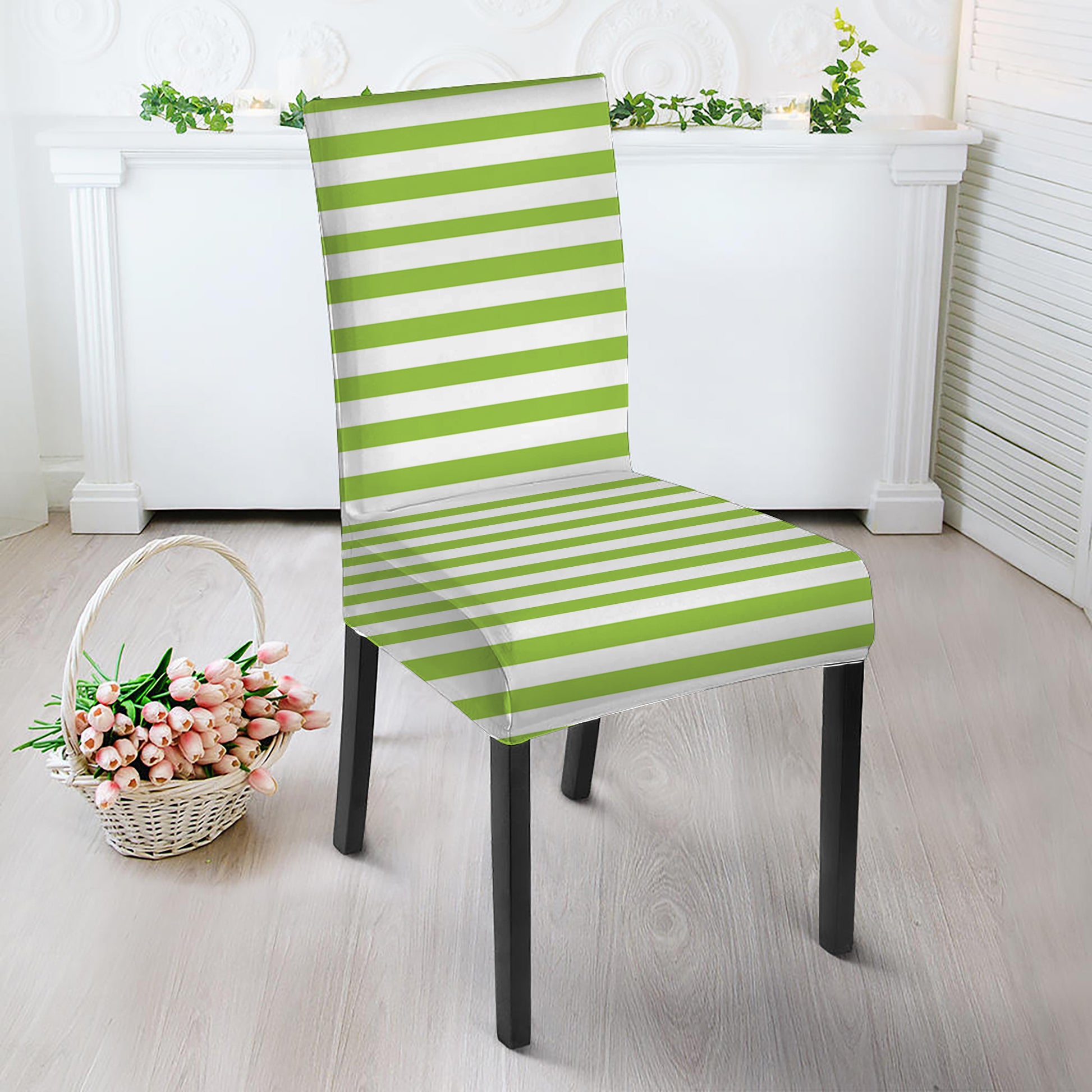 Green And White Striped Pattern Print Dining Chair Slipcover