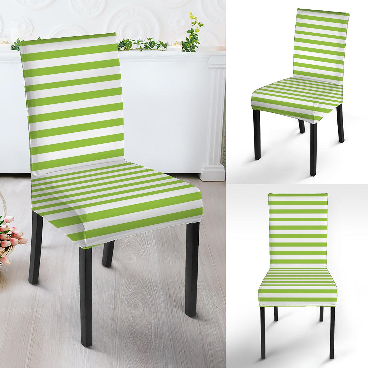 Green And White Striped Pattern Print Dining Chair Slipcover
