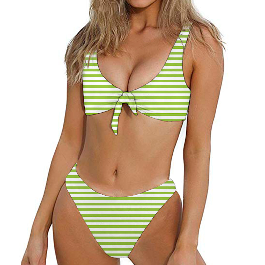 Green And White Striped Pattern Print Front Bow Tie Bikini