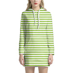 Green And White Striped Pattern Print Hoodie Dress