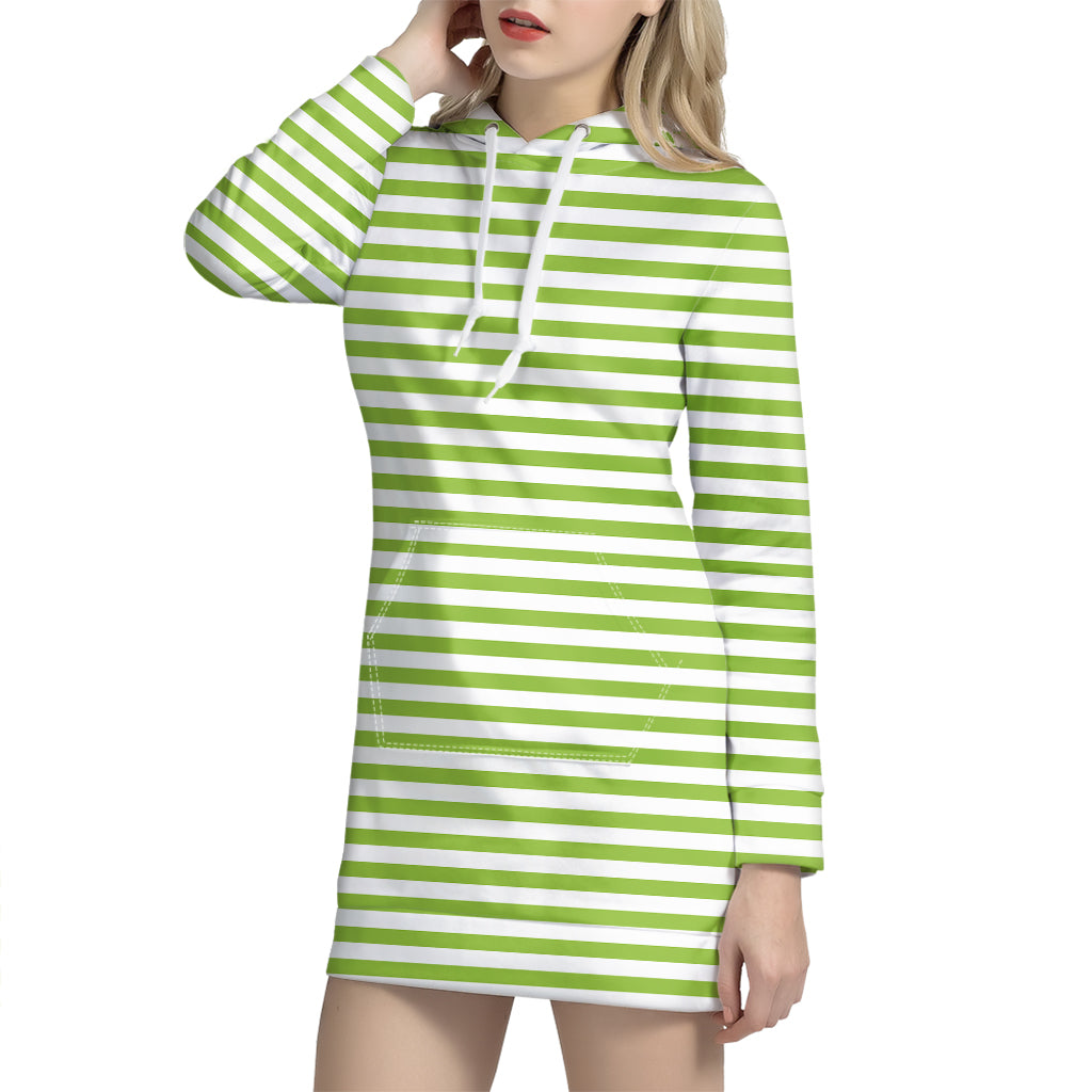 Green And White Striped Pattern Print Hoodie Dress