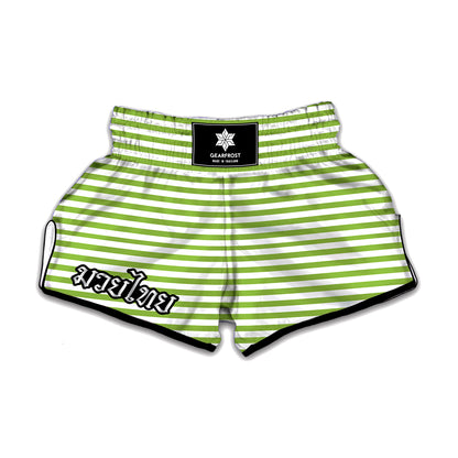Green And White Striped Pattern Print Muay Thai Boxing Shorts