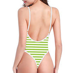 Green And White Striped Pattern Print One Piece High Cut Swimsuit
