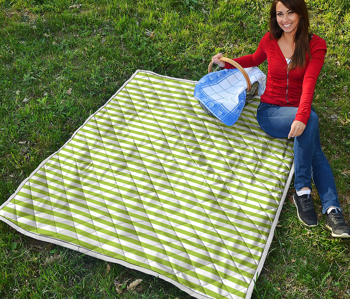 Green And White Striped Pattern Print Quilt