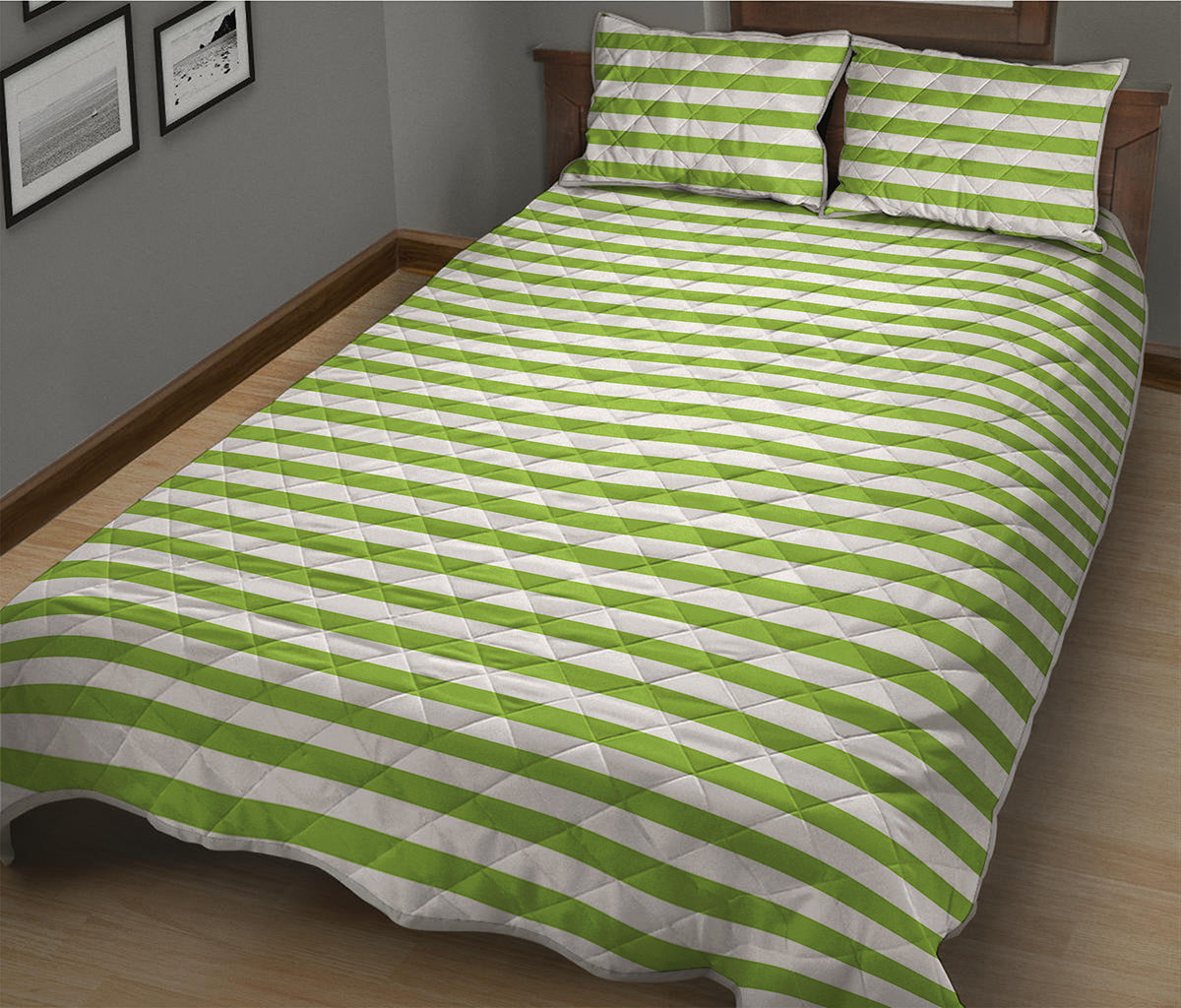Green And White Striped Pattern Print Quilt Bed Set