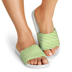 Green And White Striped Pattern Print White Slide Sandals