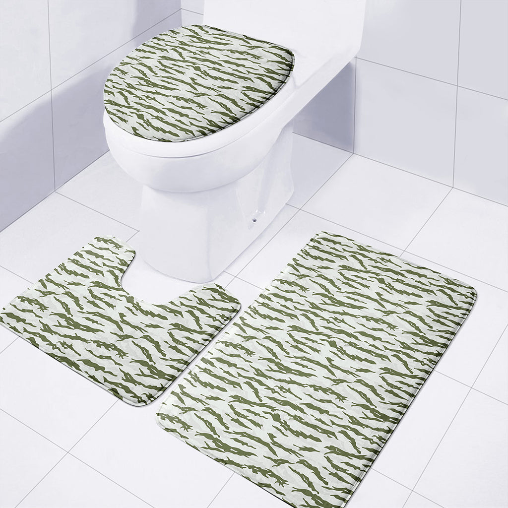 Green And White Tiger Stripe Camo Print 3 Piece Bath Mat Set