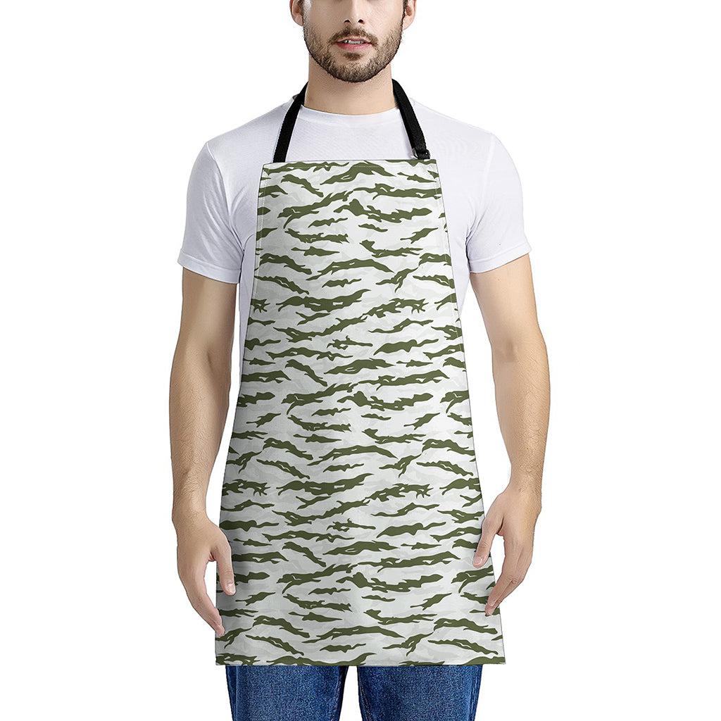 Green And White Tiger Stripe Camo Print Apron