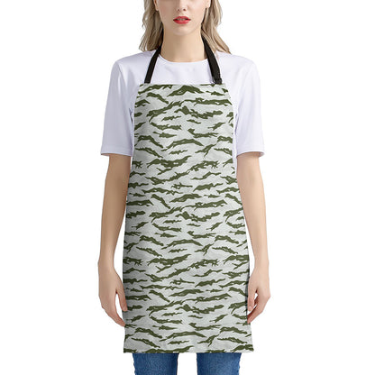 Green And White Tiger Stripe Camo Print Apron