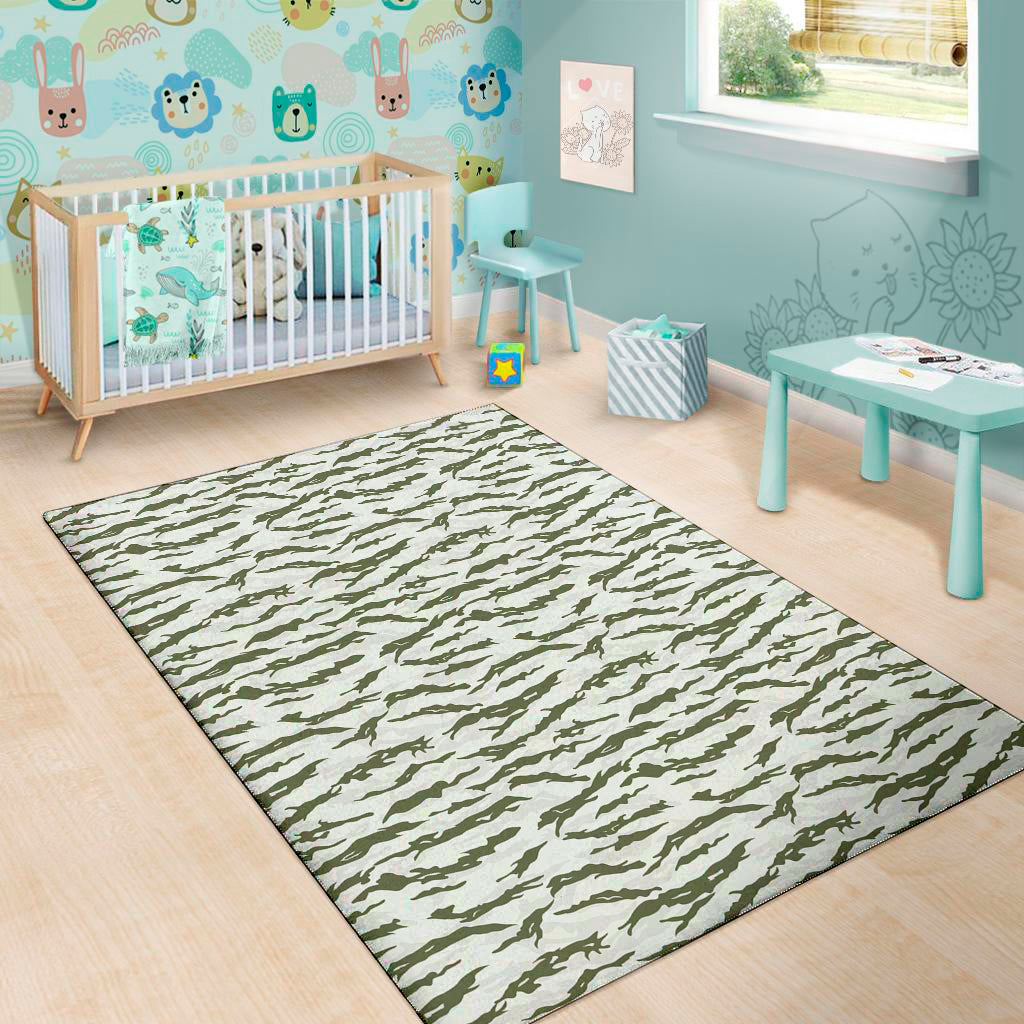 Green And White Tiger Stripe Camo Print Area Rug