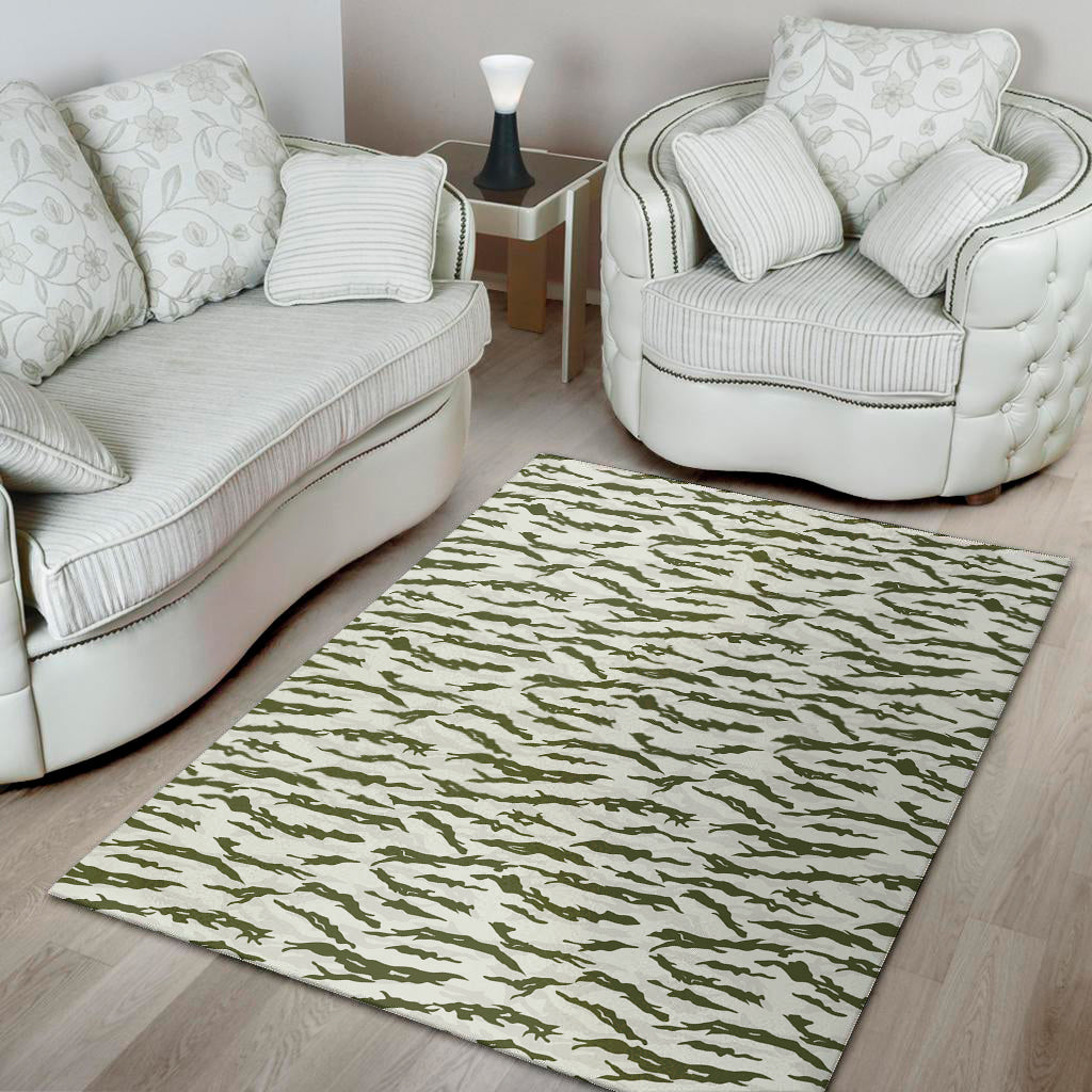 Green And White Tiger Stripe Camo Print Area Rug