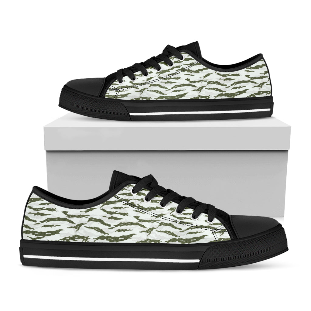 Green And White Tiger Stripe Camo Print Black Low Top Shoes