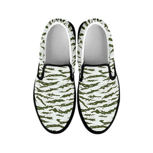 Green And White Tiger Stripe Camo Print Black Slip On Shoes